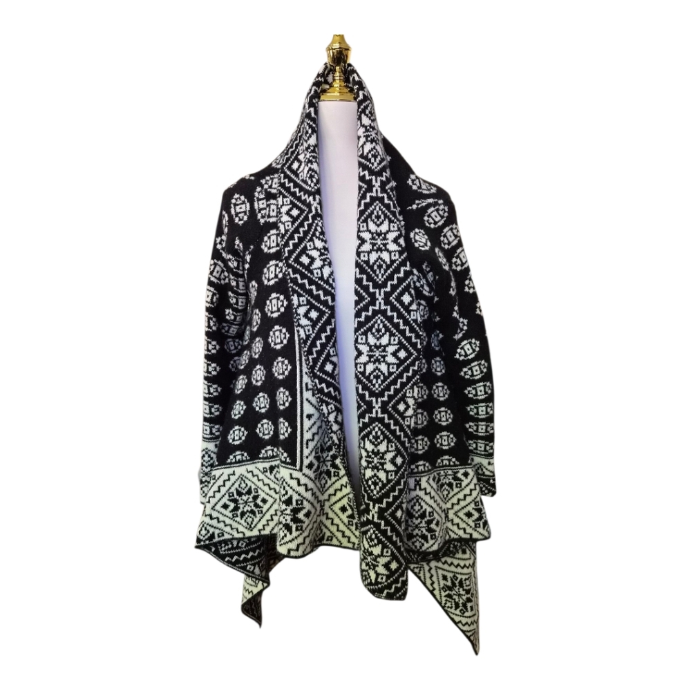 Elodie Black White Geometric Open Front Cardigan Sweater Women’s XL Mohair Blend